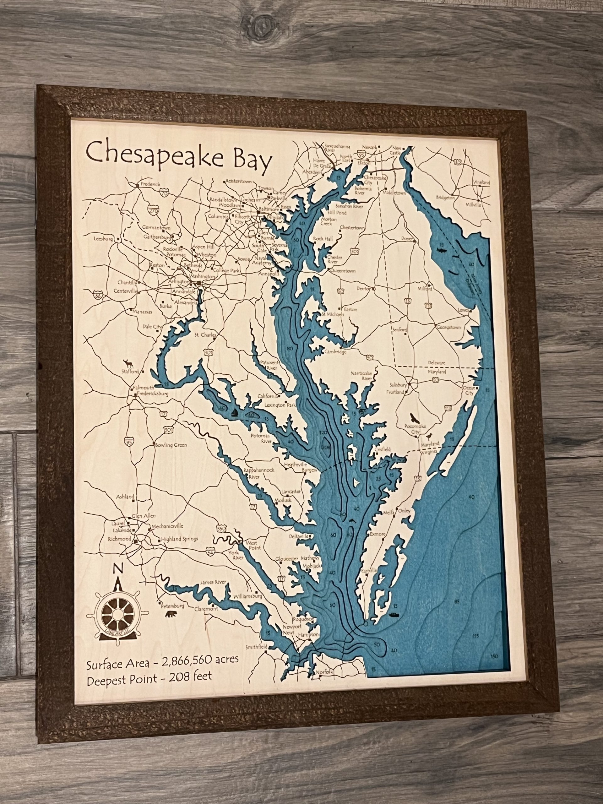 Chesapeake Bay, MD/VA - 3D Wood Map, Custom Nautical Map Art