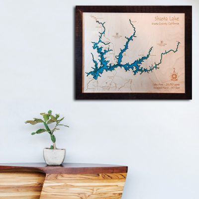 Shasta Lake, CA wood map 3d laser printed poster wall art