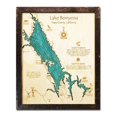 Lake Berryessa, CA Single-Depth Nautical Wood Chart, 11" x 14"