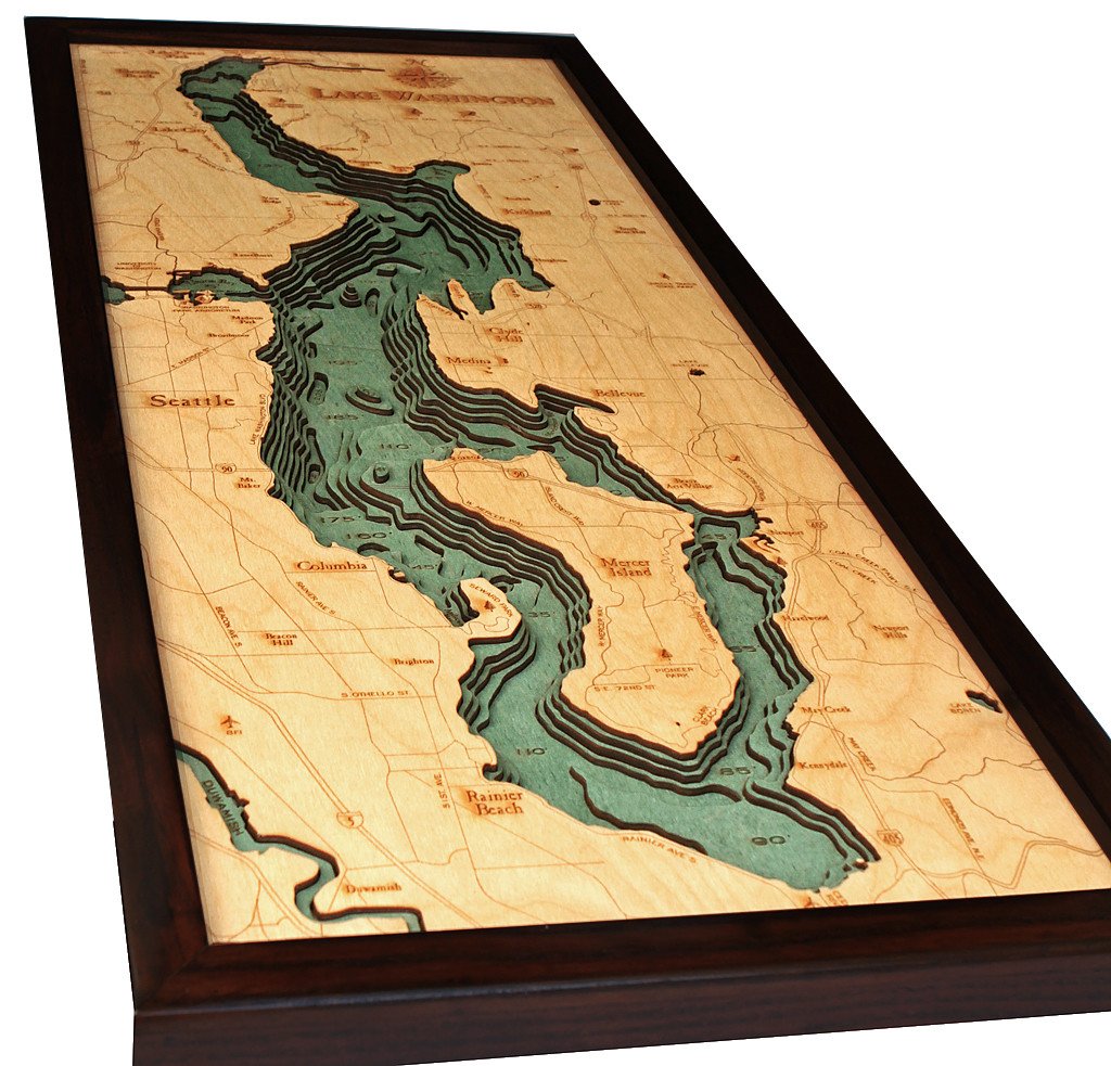 Lake Washington Wood Map | Framed 3D Topographic Wood Chart