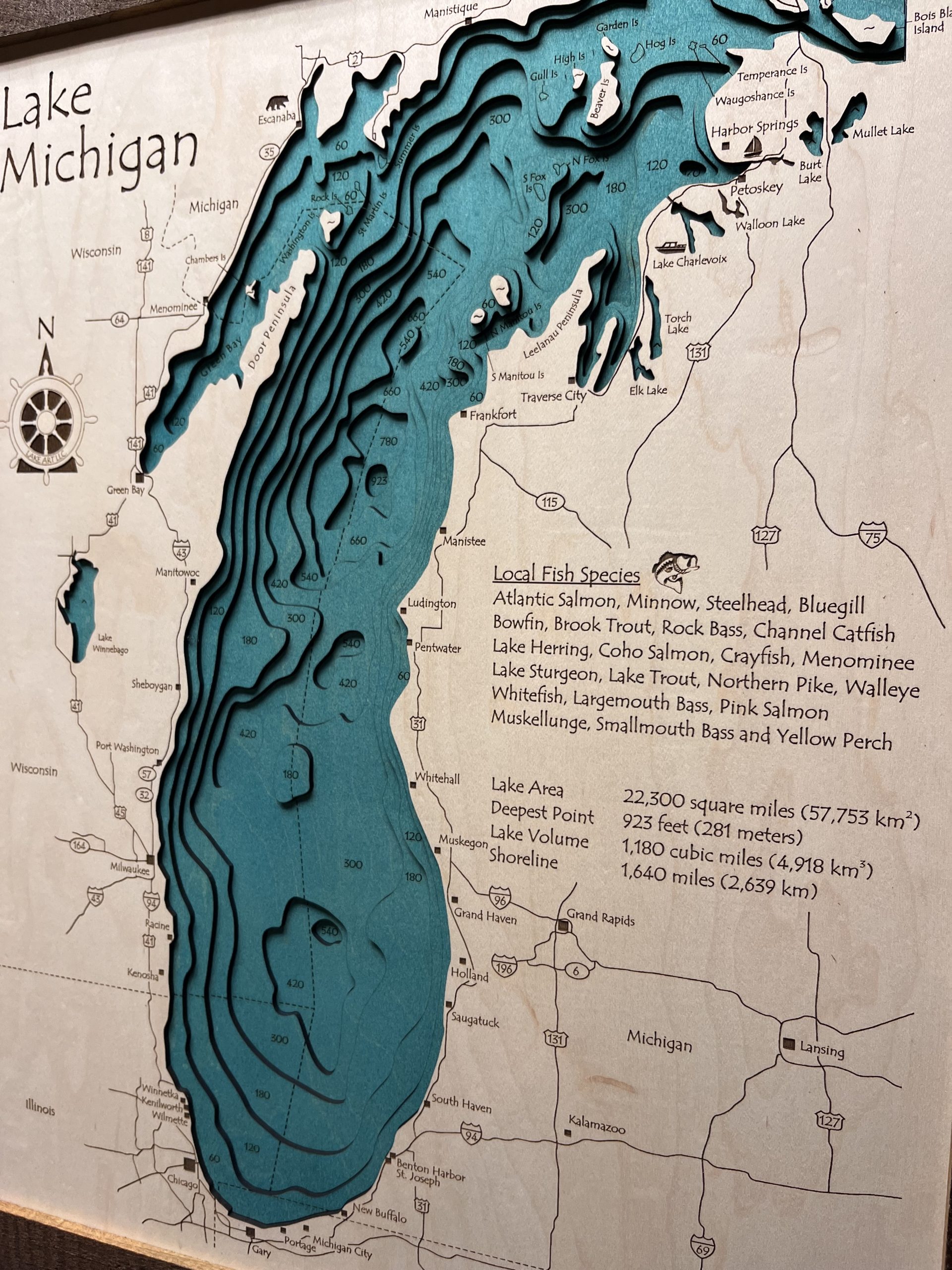 Lake Michigan - 3D Wood Map, Custom Nautical Map Art - Image 3