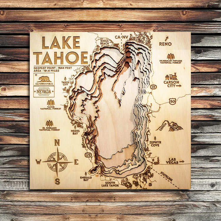 Lake Tahoe Wood Map | Laser-etched Nautical Chart - Image 2
