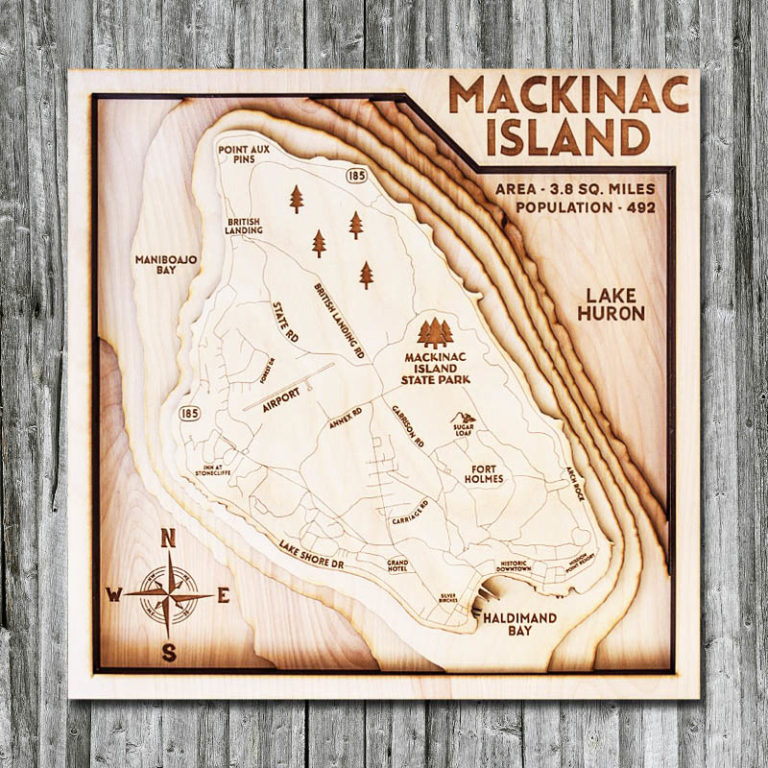 Mackinac Island, MI (Lake Huron) Wood Map 3D Wood Chart