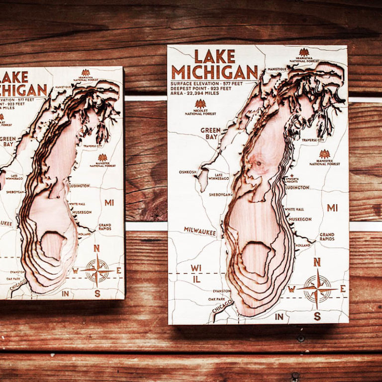 Lake Michigan Wood Map 3D Topographic Wood Chart