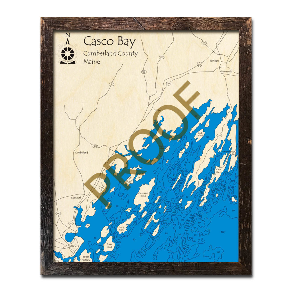 Casco Bay, ME Nautical Wood Maps