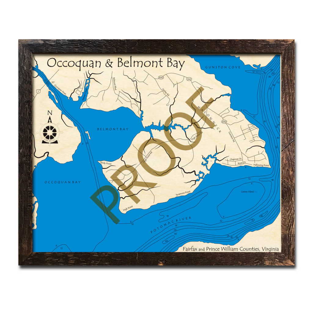 Occoquan and Belmont Bay, VA 3D Wood Topo Maps
