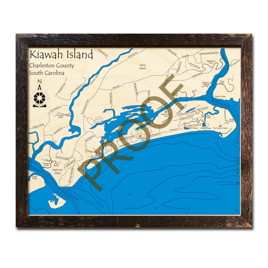 Kiawah Island, SC Nautical Wood Maps