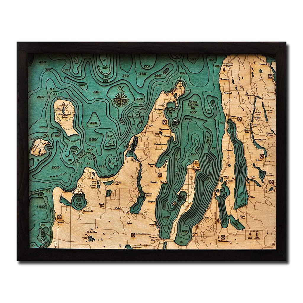 Grand Traverse Bay 3D Wood Map Framed 3D Topographic Wood Chart