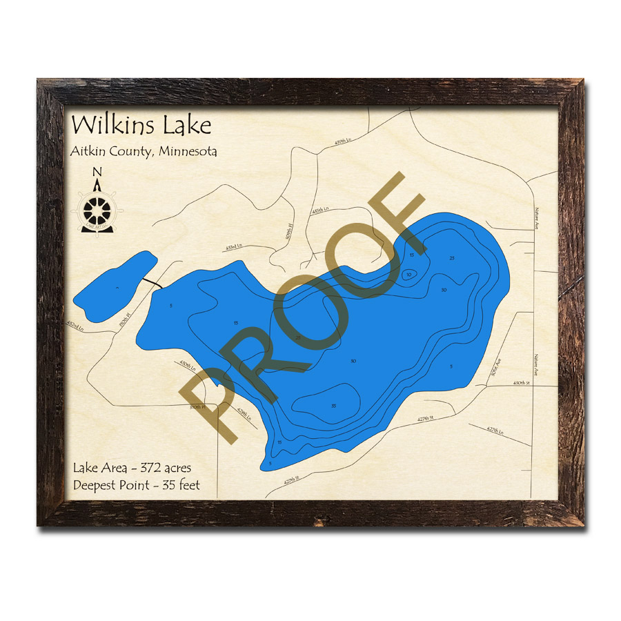 Wilkins Lake, MN 3D Wood Topo Maps