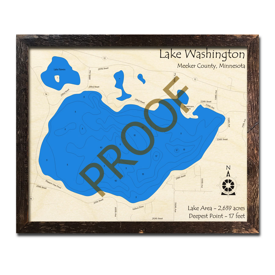 Lake Washington (Meeker County), MN 3D Wood Topo Maps