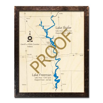 Lake Shafer and Lake Freeman, IN 3D Wood Topo Maps