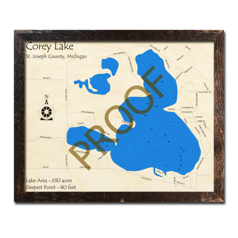 Corey Lake, MI 3D Wood Topo Map