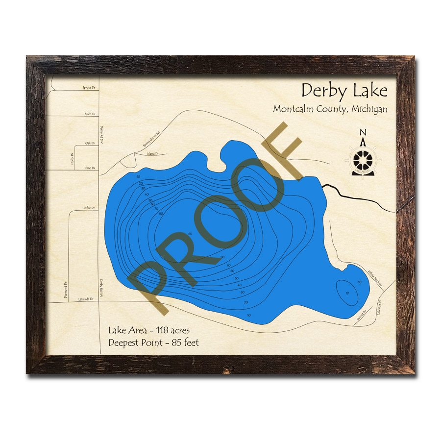 Derby Lake, MI 3D Wood Topo Map