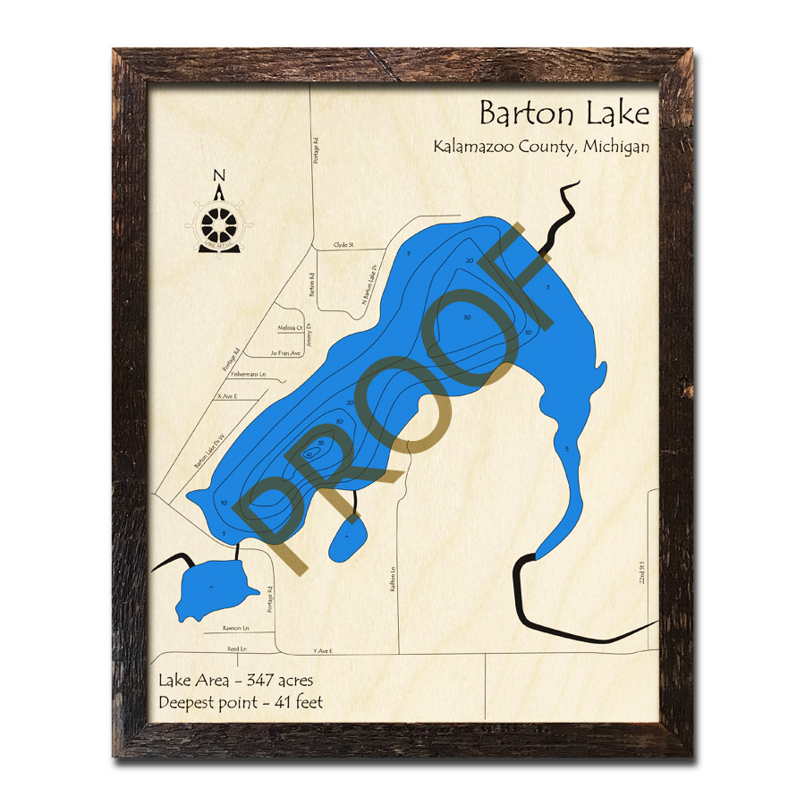 Barton Lake, MI 3D Wood Topo Map