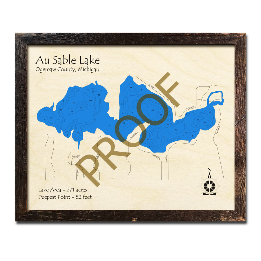Au Sable Lake, MI 3D Wood Topo Map
