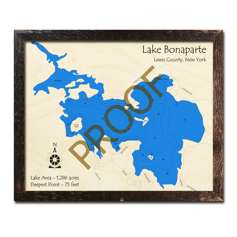 Lake Bonaparte, NY 3D Wood Topo Map