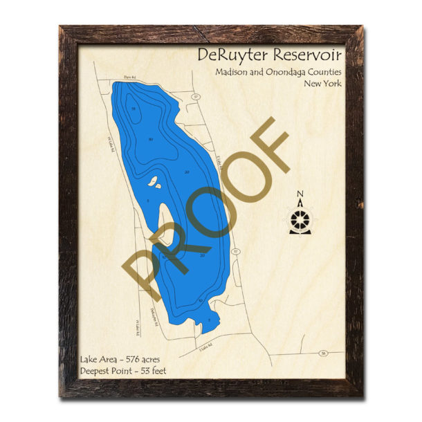 DeRuyter Reservoir, NY 3D Wood Topo Map
