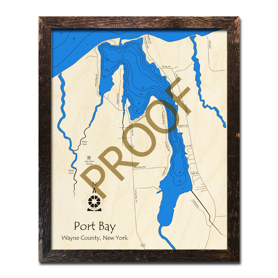 Port Bay Lake Ontario, NY 3D Wood Topo Map