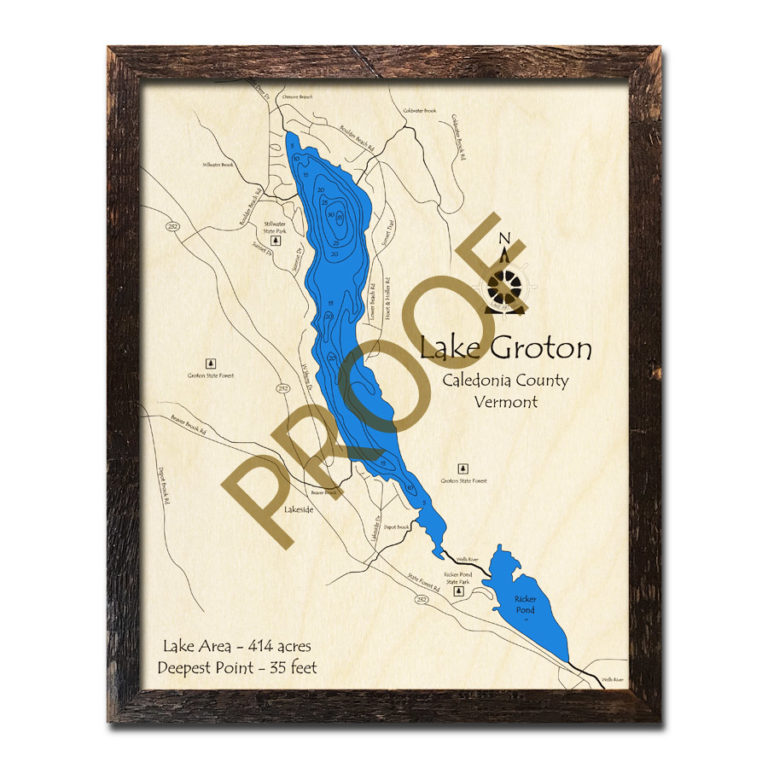 Lake Groton, VT 3D Wood Topo Map