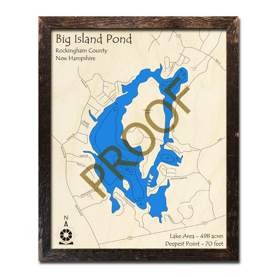 Big Island Pond, NH 3D Wood Topo Map