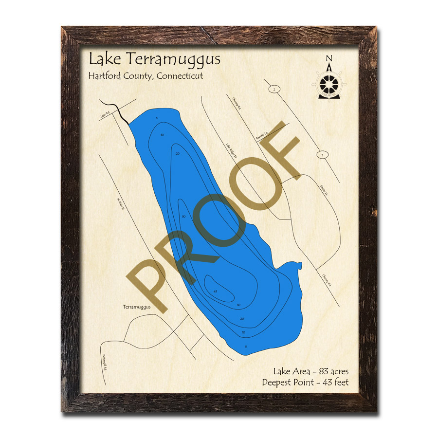 Lake Terramuggus, CT 3D Wood Maps, Nautical Charts