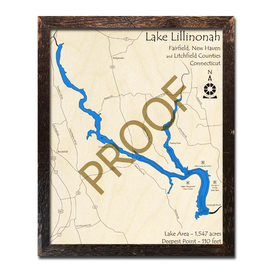 Lake Quassapaug CT 3D Wood Map, Connecticut, LaserCut Nautical Wood Chart