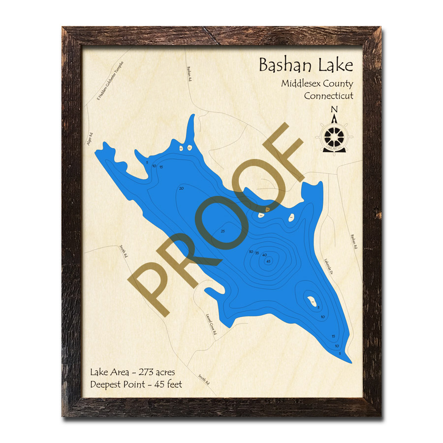 Bashan Lake, CT 3D Wood Maps, Nautical Charts