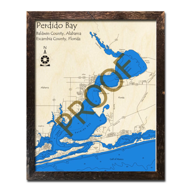 Perdido Bay Wood Map 3D Topographic Wood Chart