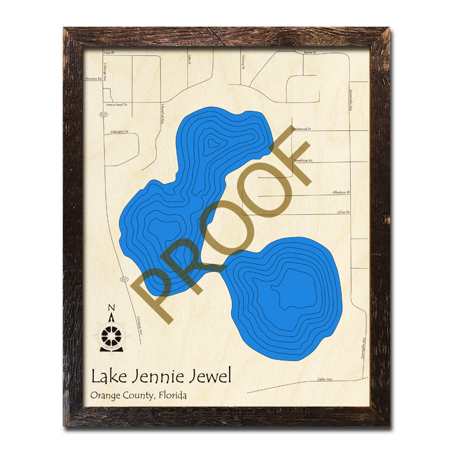 Lake Jennie Jewel, FL Wood Map 3D Topographic Wood Chart