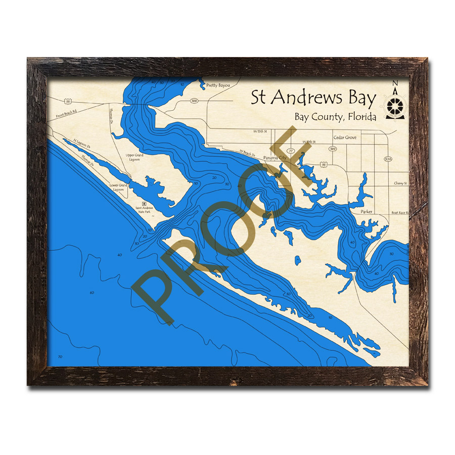 Saint Andrews Bay, FL Wood Map 3D Topographic Wood Chart