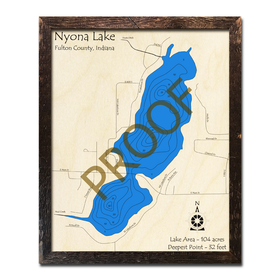 Nyona Lake, IN Wood Map 3D Nautical Wood Charts