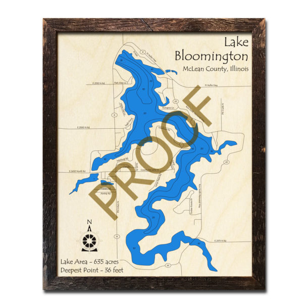 Lake Bloomington, IL Framed Map 3D Nautical Wood Charts