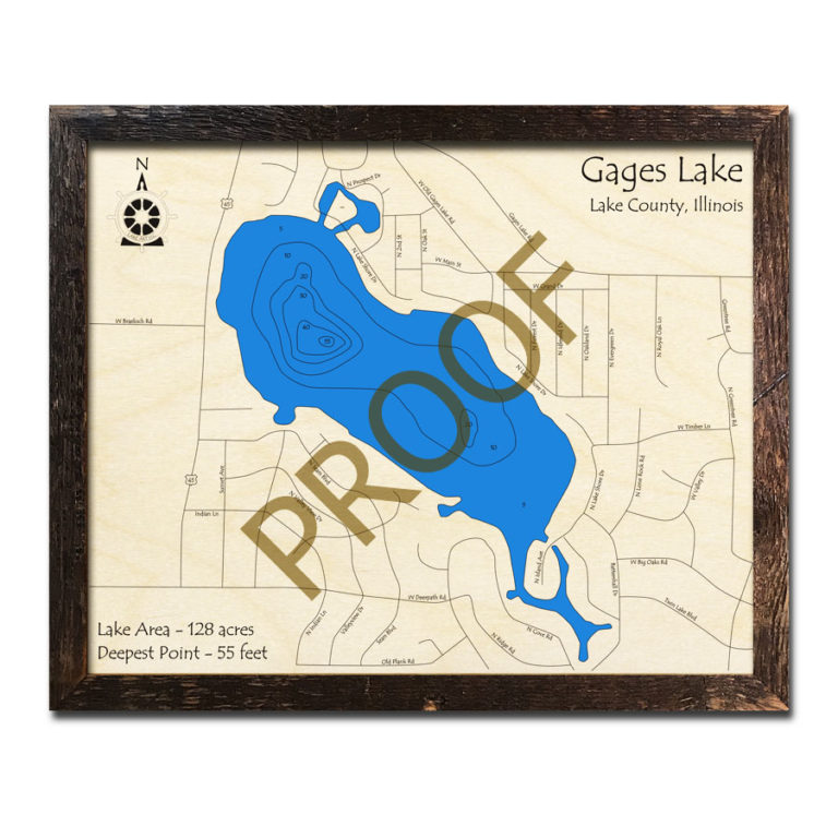 Gages Lake, IL Framed Map 3D Nautical Wood Charts