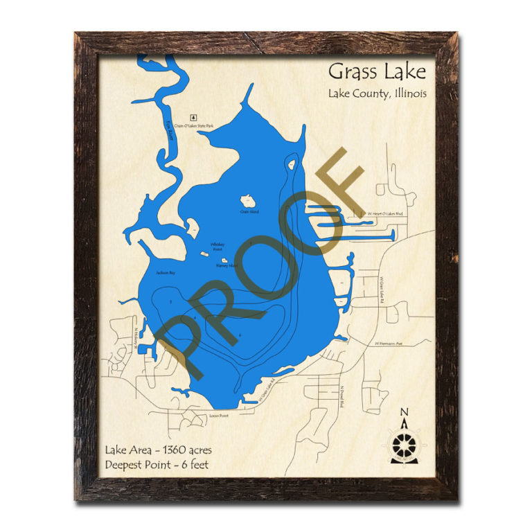 Grass Lake, IL Framed Map 3D Nautical Wood Charts