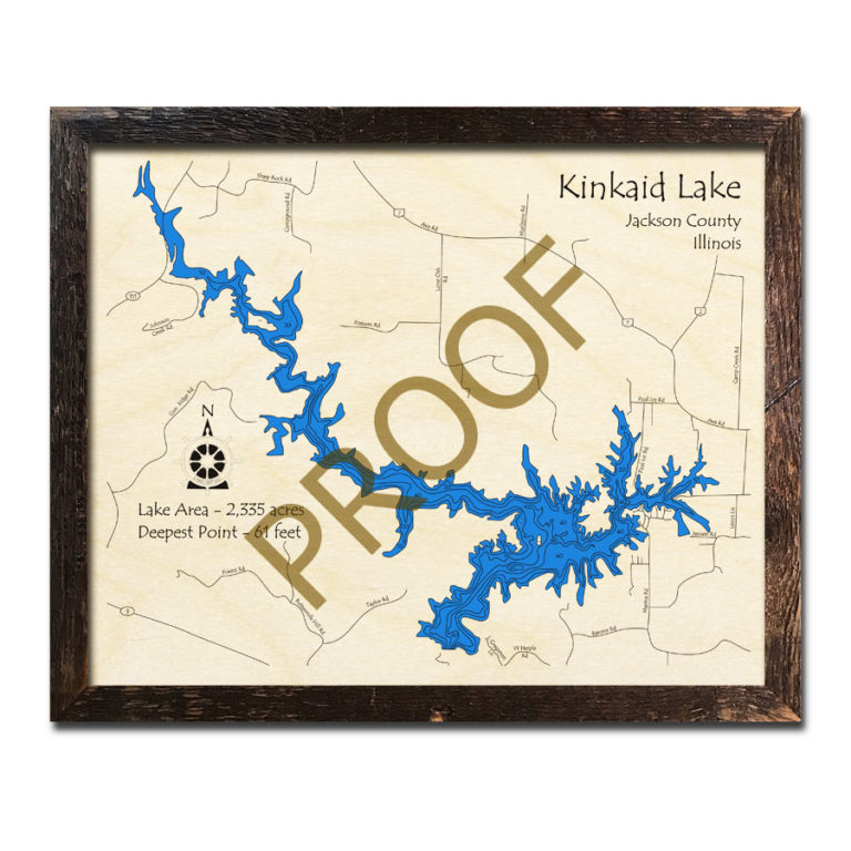 Kinkaid Lake, IL Framed Map 3D Nautical Wood Charts