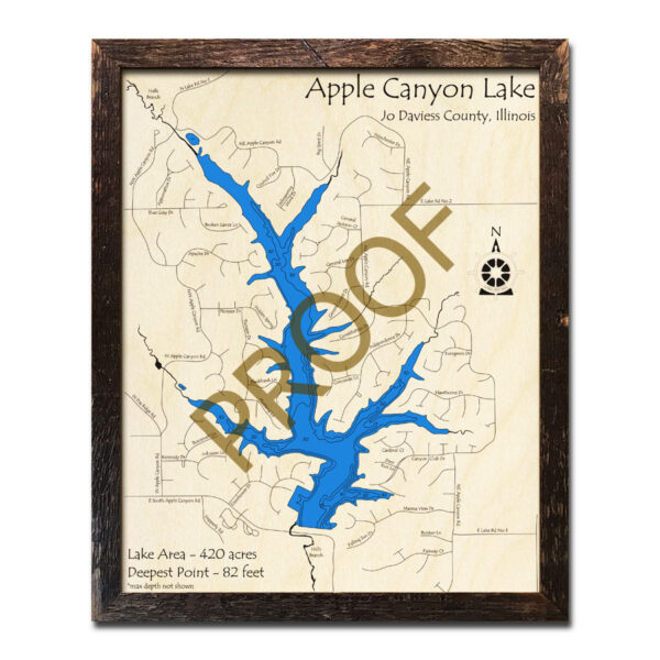 Apple Canyon Lake, IL Framed Map 3D Nautical Wood Charts