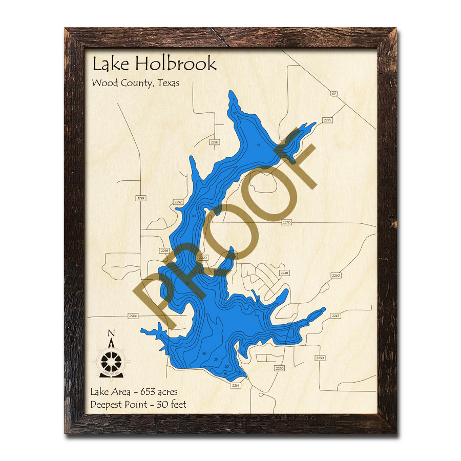 Lake Holbrook, Texas 3D Wooden Map Framed Topographic Wood Chart