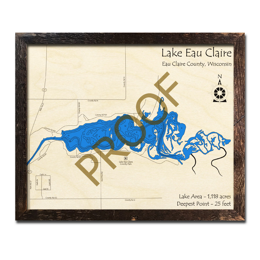 Eau Claire Lake, WI Wood Map 3D Nautical Wood Charts