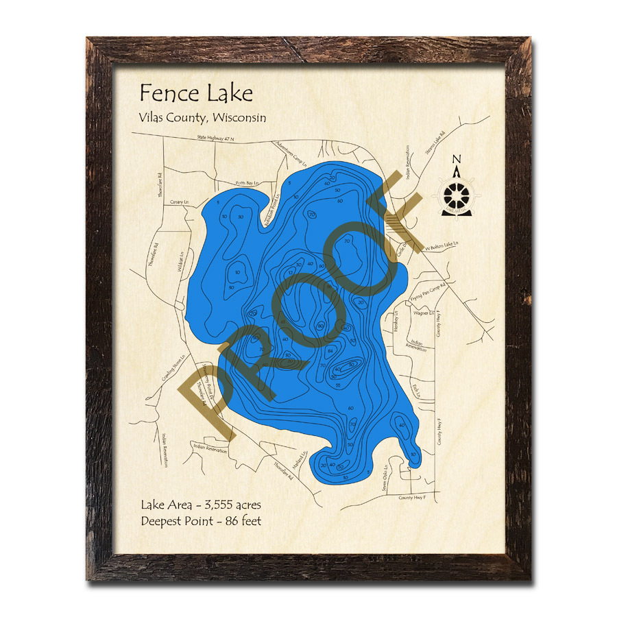 Fence Lake, WI Wood Map 3D Nautical Wood Charts