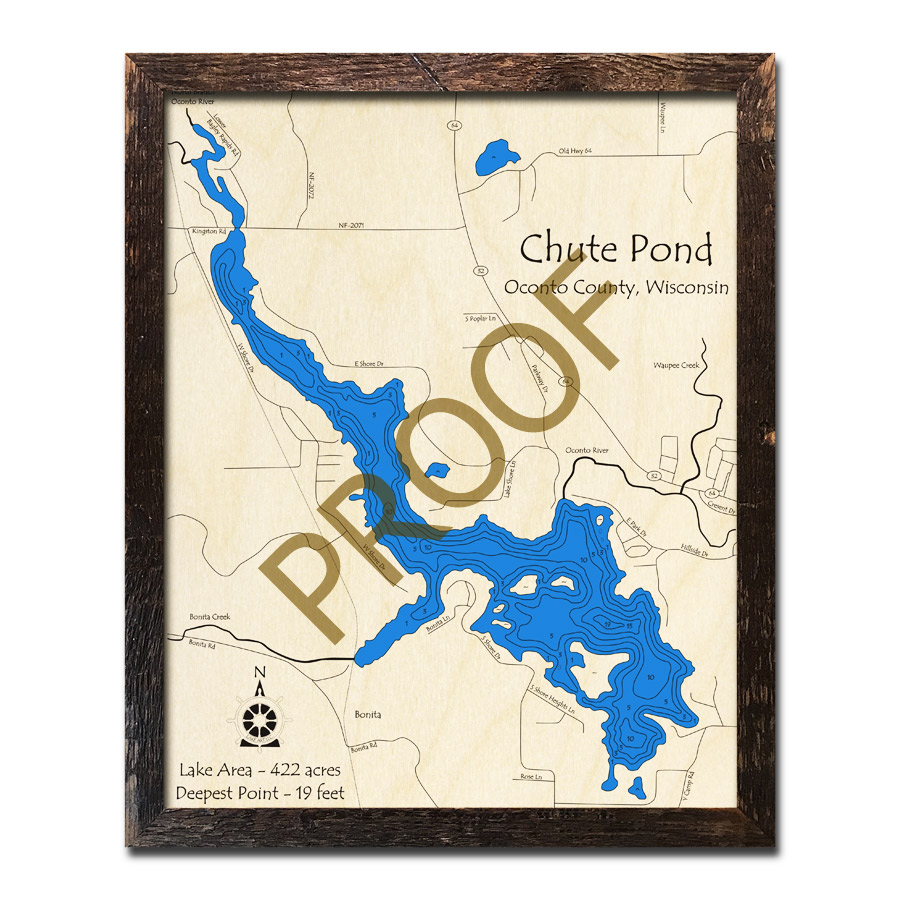 Chute Pond, WI Wood Map 3D Nautical Wood Charts