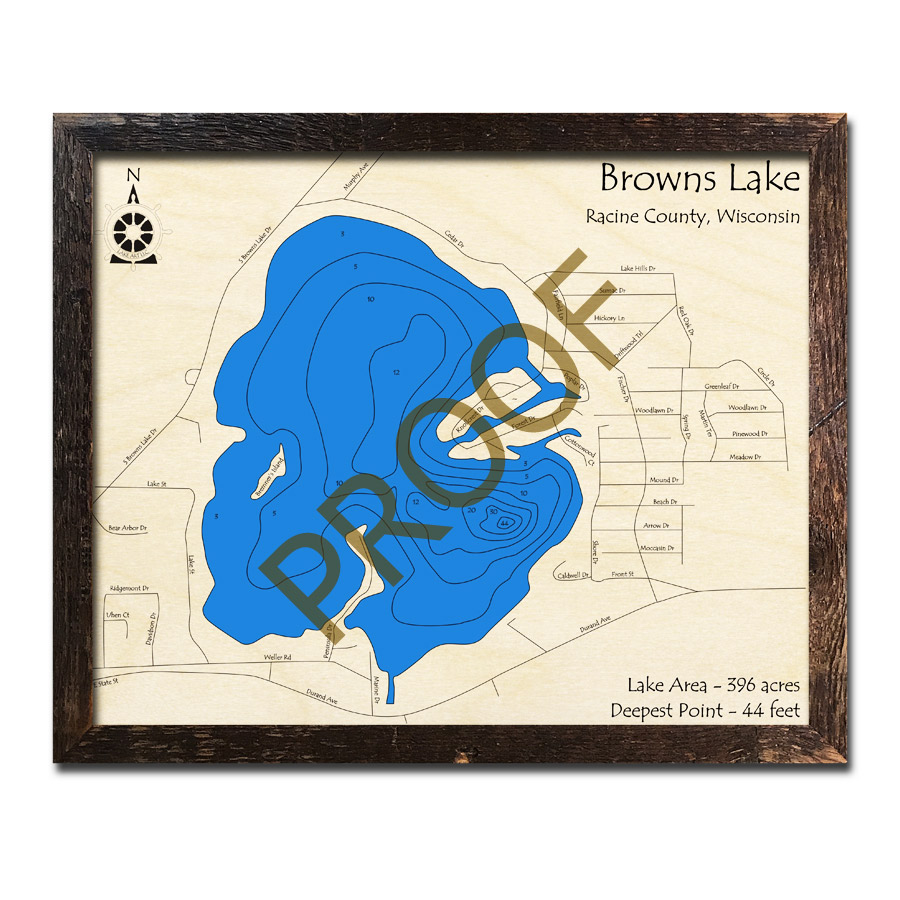 Browns Lake, WI Wood Map 3D Nautical Wood Charts