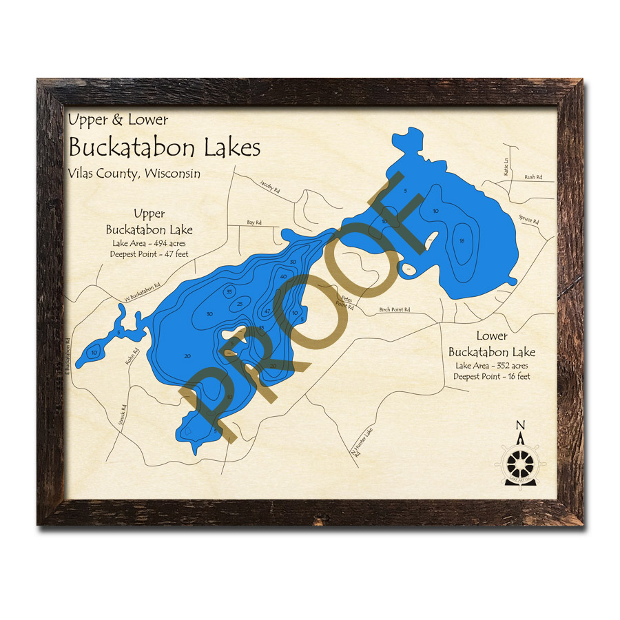 Buckatabon Lake, WI Wood Map 3D Nautical Wood Charts