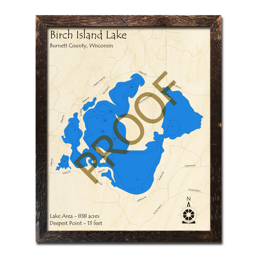 Birch Island Lake, WI Wood Map 3D Nautical Wood Charts