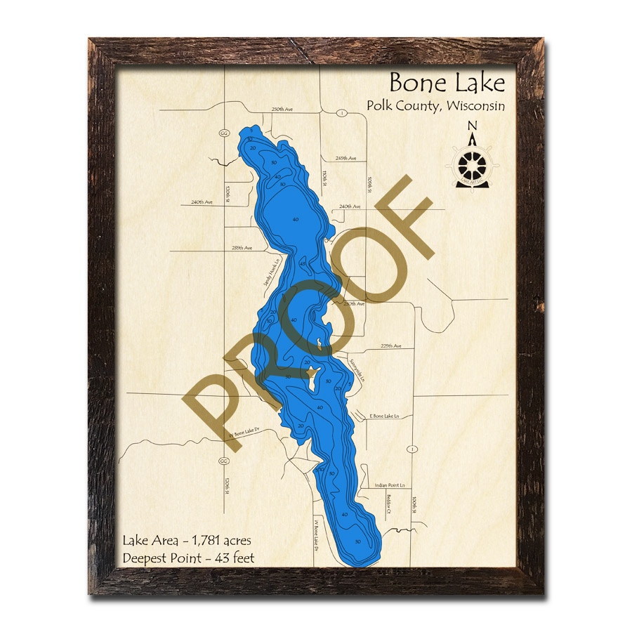 Bone Lake, WI Wood Map 3D Nautical Wood Charts