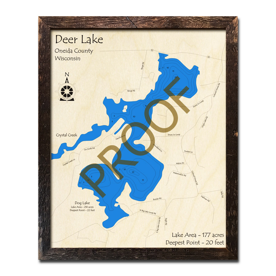 Deer Lake, WI Wood Map 3D Nautical Wood Charts