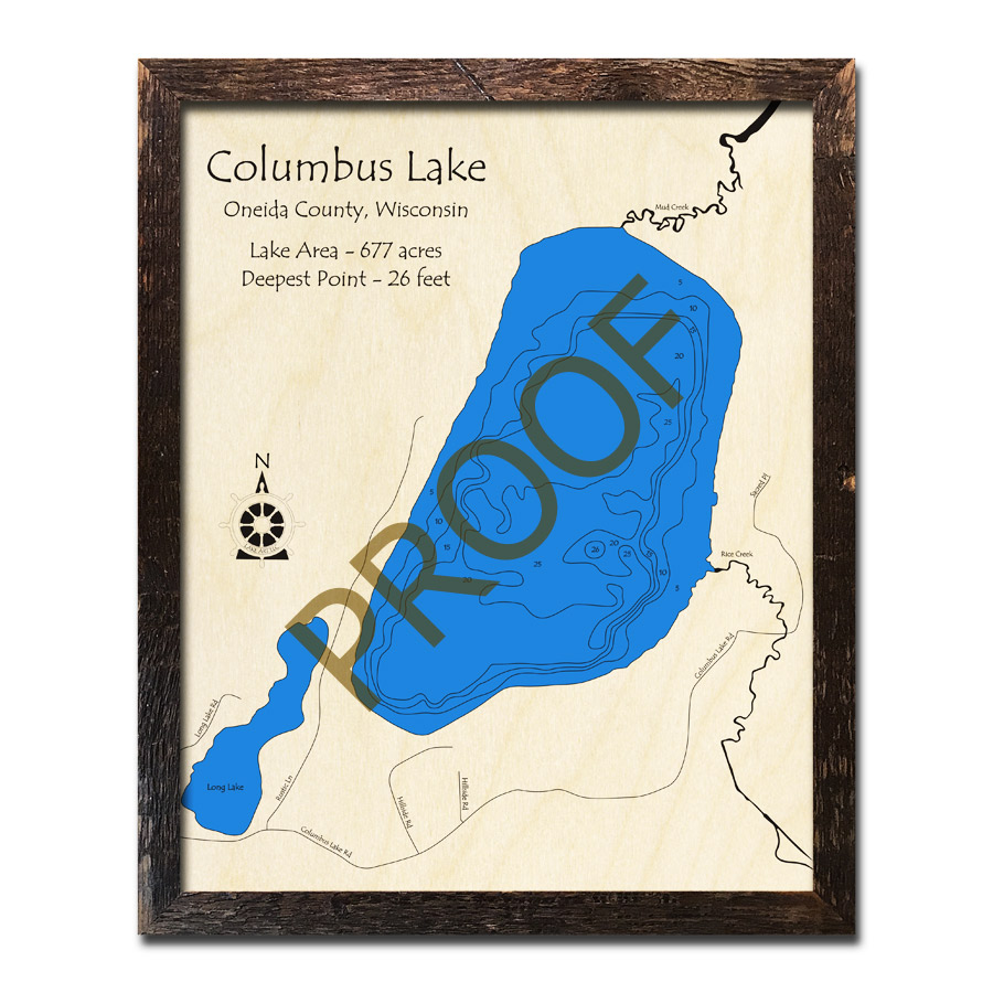 Columbus Lake, WI Wood Map 3D Nautical Wood Charts