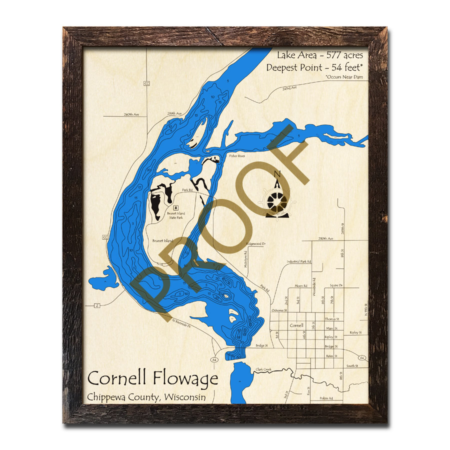 Cornell Flowage, WI Wood Map 3D Nautical Wood Charts