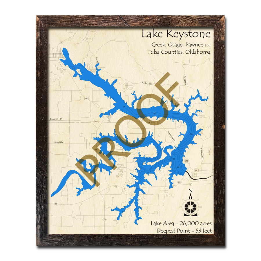 Lake Keystone, OK Wood Map 3D Nautical Wood Charts