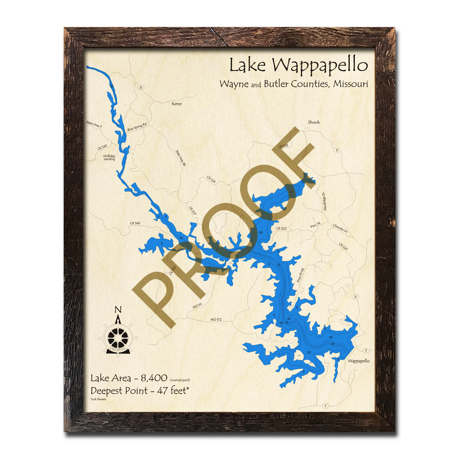 Lake Wappapello, MO Wood Map 3D Nautical Wood Charts