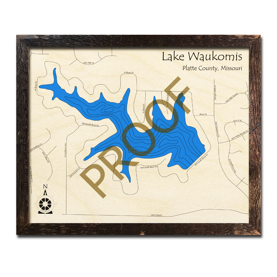 Lake Waukomis, MO Wood Map 3D Nautical Decor